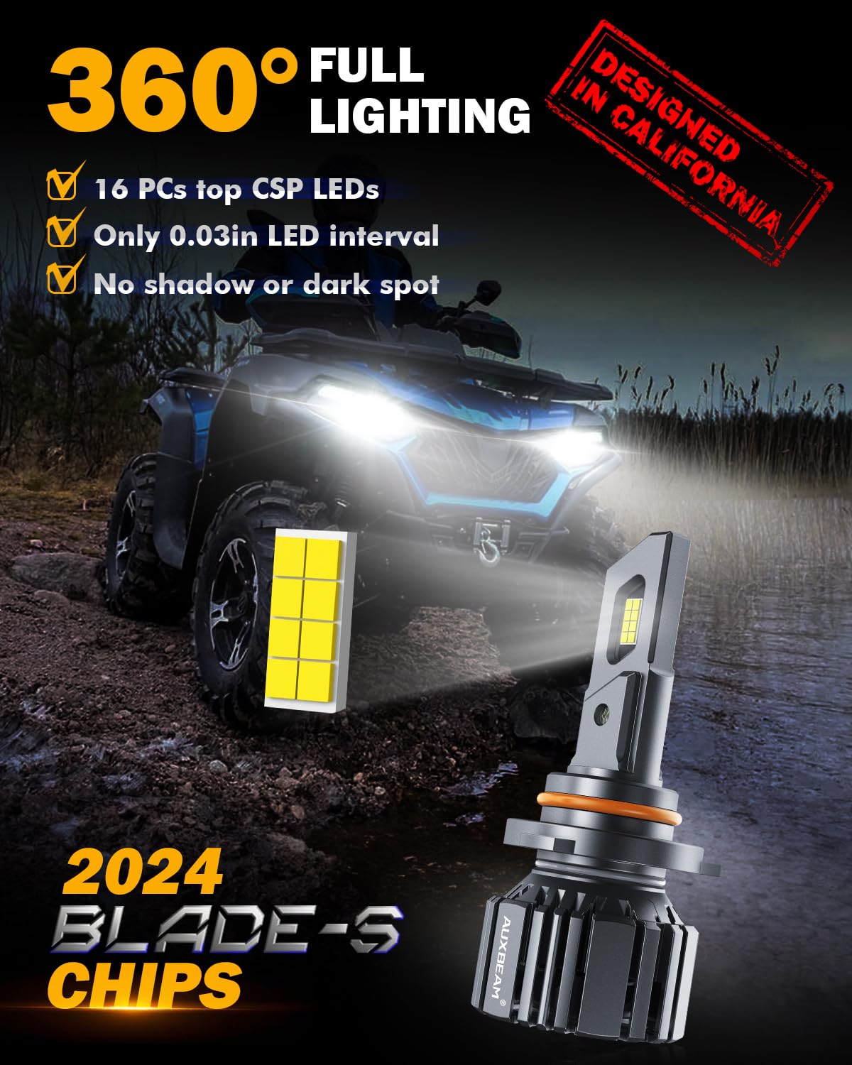 Auxbeam advanced cooling system keeps bulbs cooler for longer life.