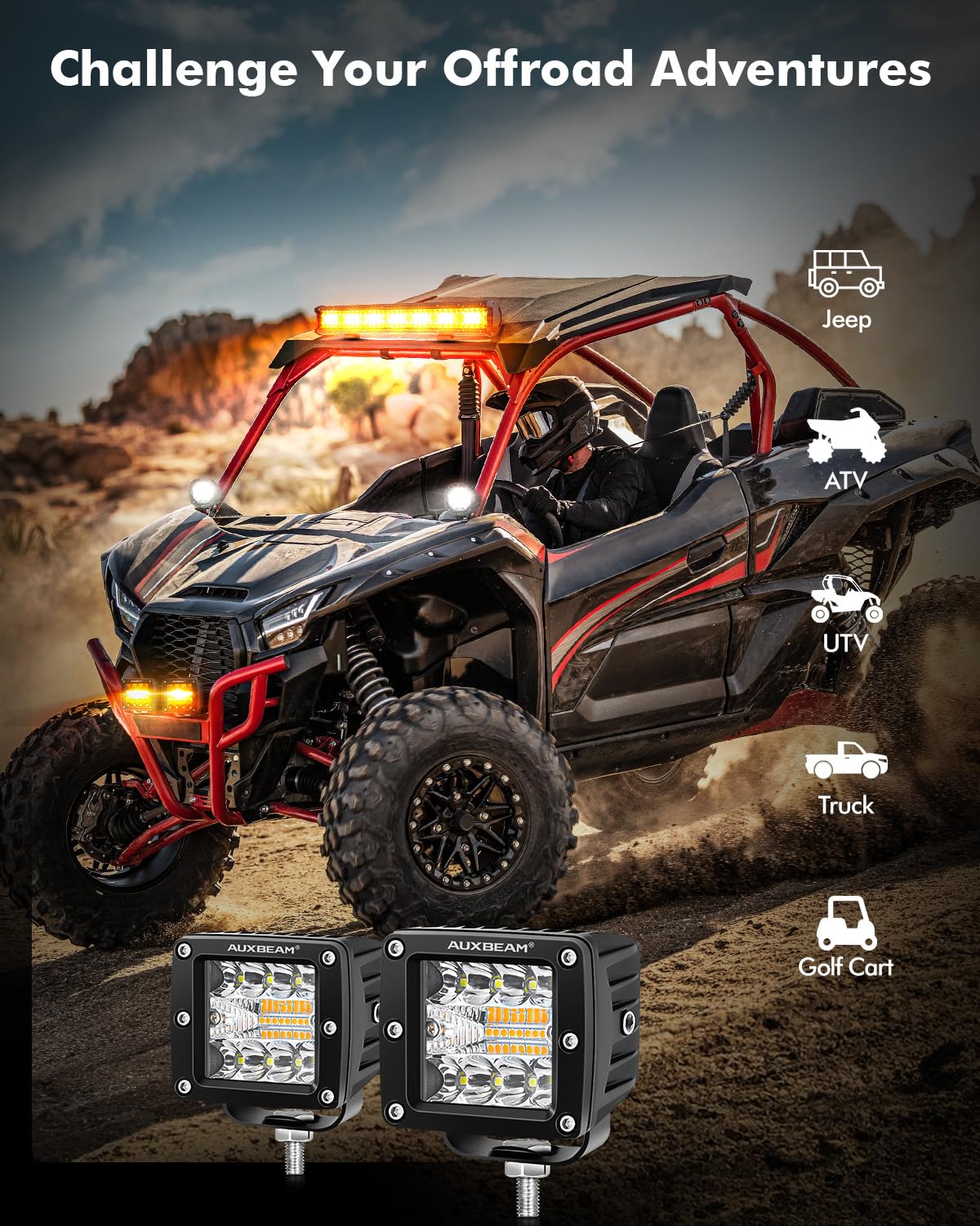 Auxbeam aluminum housing LED cubes delivers rugged durability and heat dissipation.