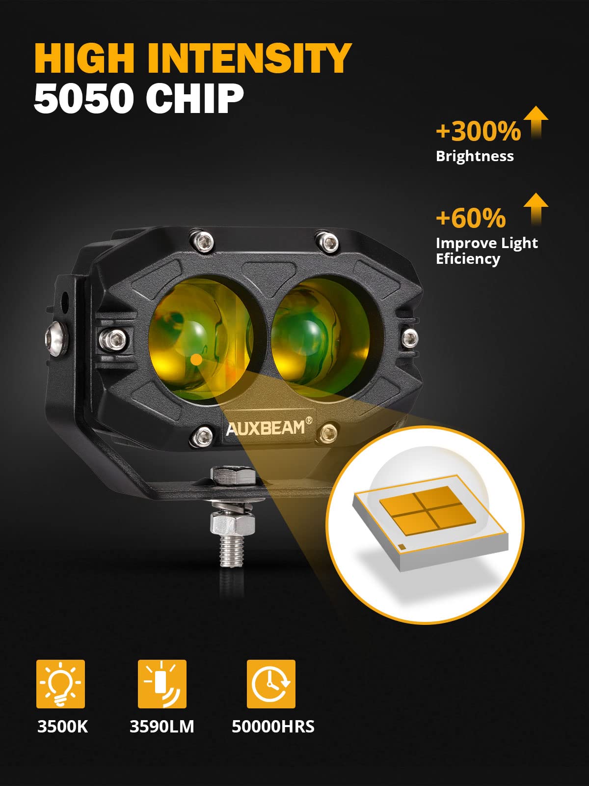 Auxbeam amber spot beam 3500K for long-range viewing