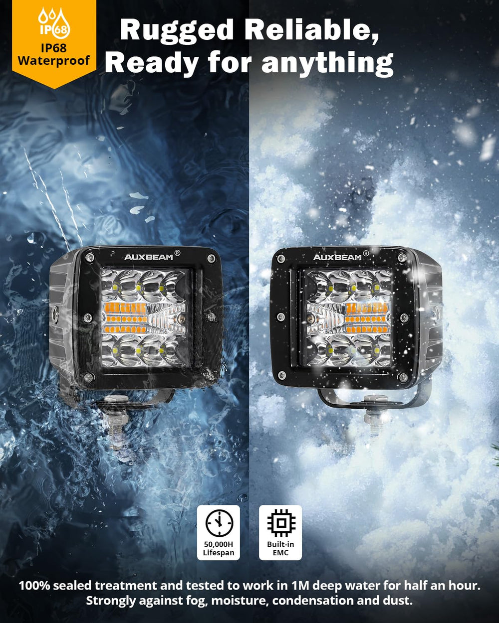 Auxbeam amber-white series LED cubes side illumination for wider road view.