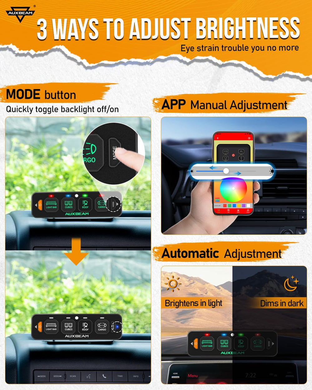 Auxbeam AS-400 Bluetooth app syncing switch panel brightness and colors