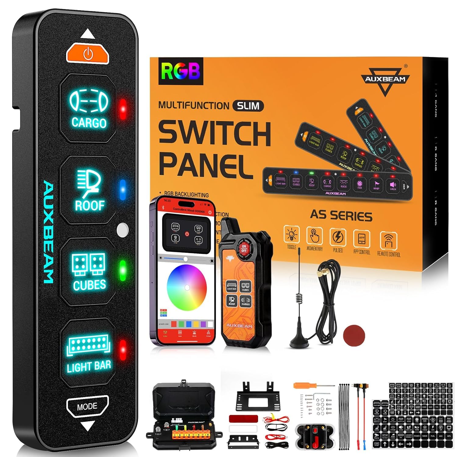 Auxbeam AS-400 four-gang switch panel front view with RGB backlighting