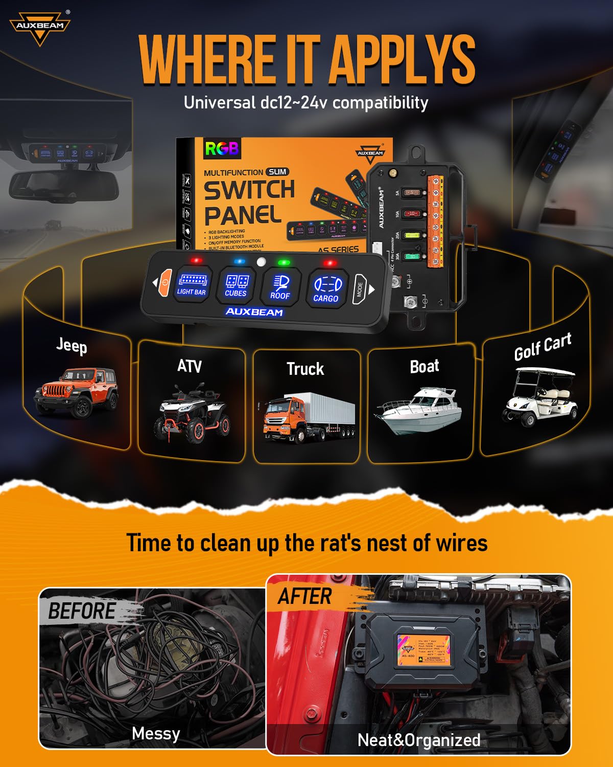 Auxbeam AS-400 safety features with relays and resettable breaker