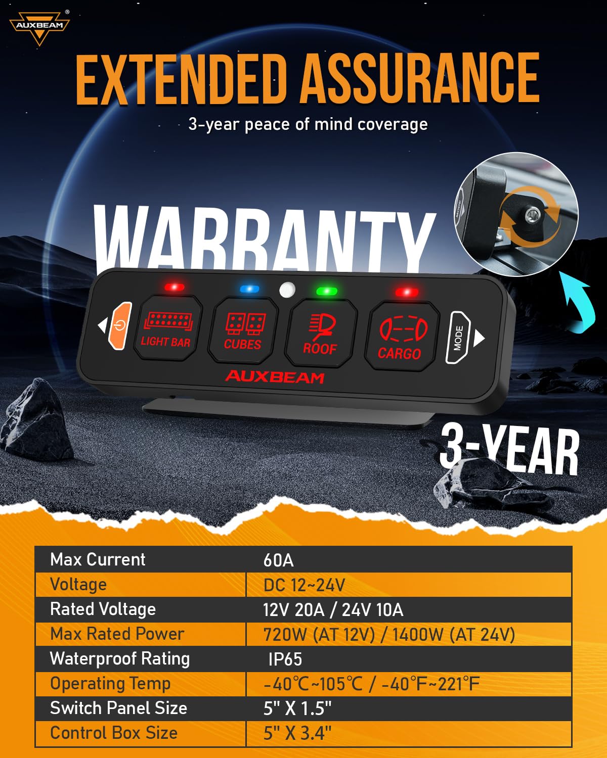 Auxbeam AS-400 three lighting modes toggle momentary pulsed