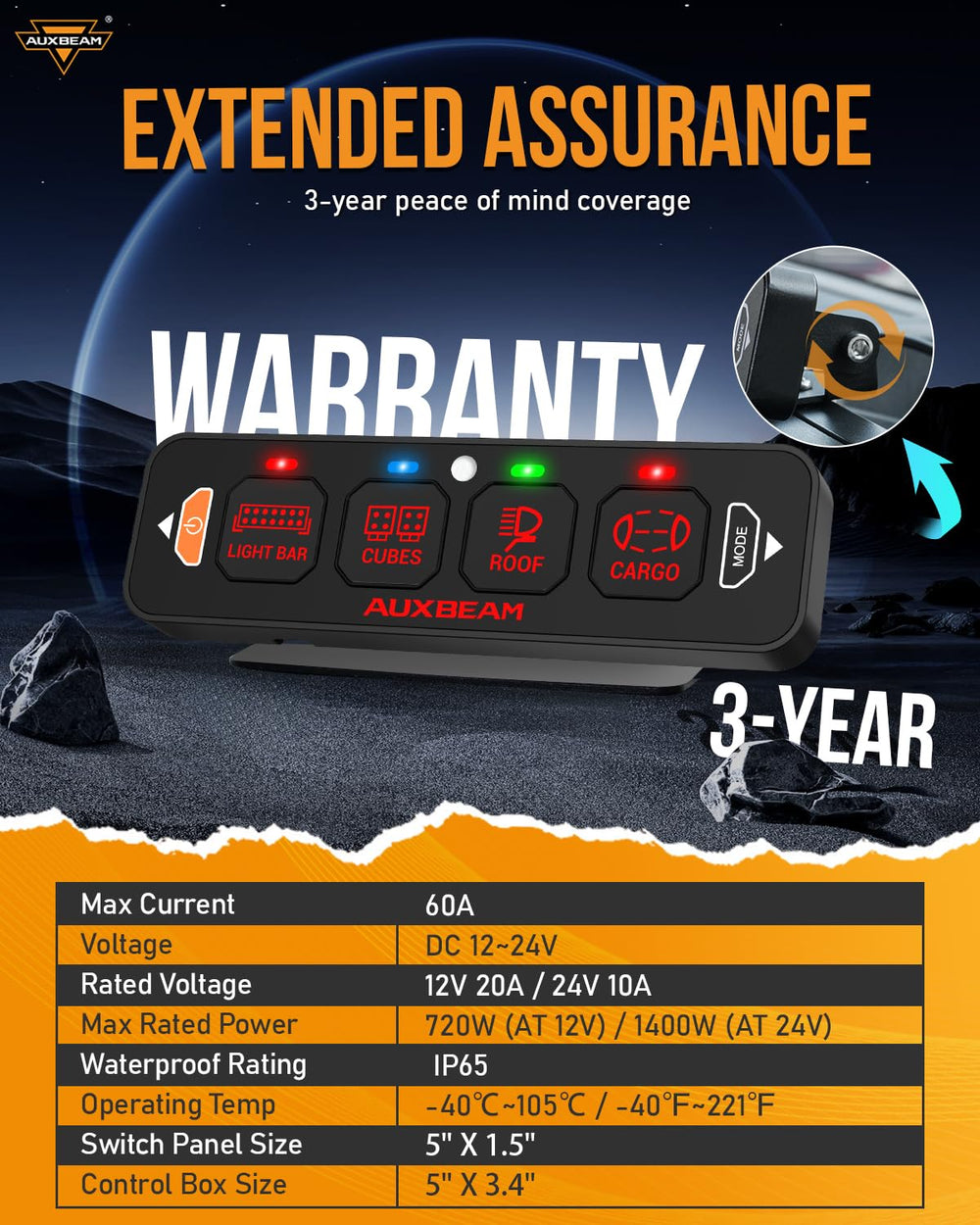 Auxbeam AS-400 three lighting modes toggle momentary pulsed