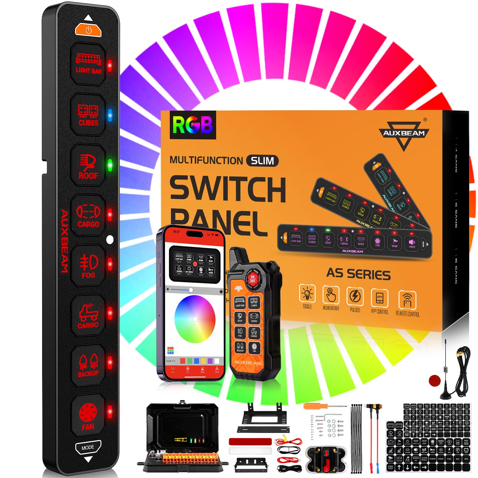 Auxbeam AS-800 8-Gang Panel Front View for dash integration and quick access.