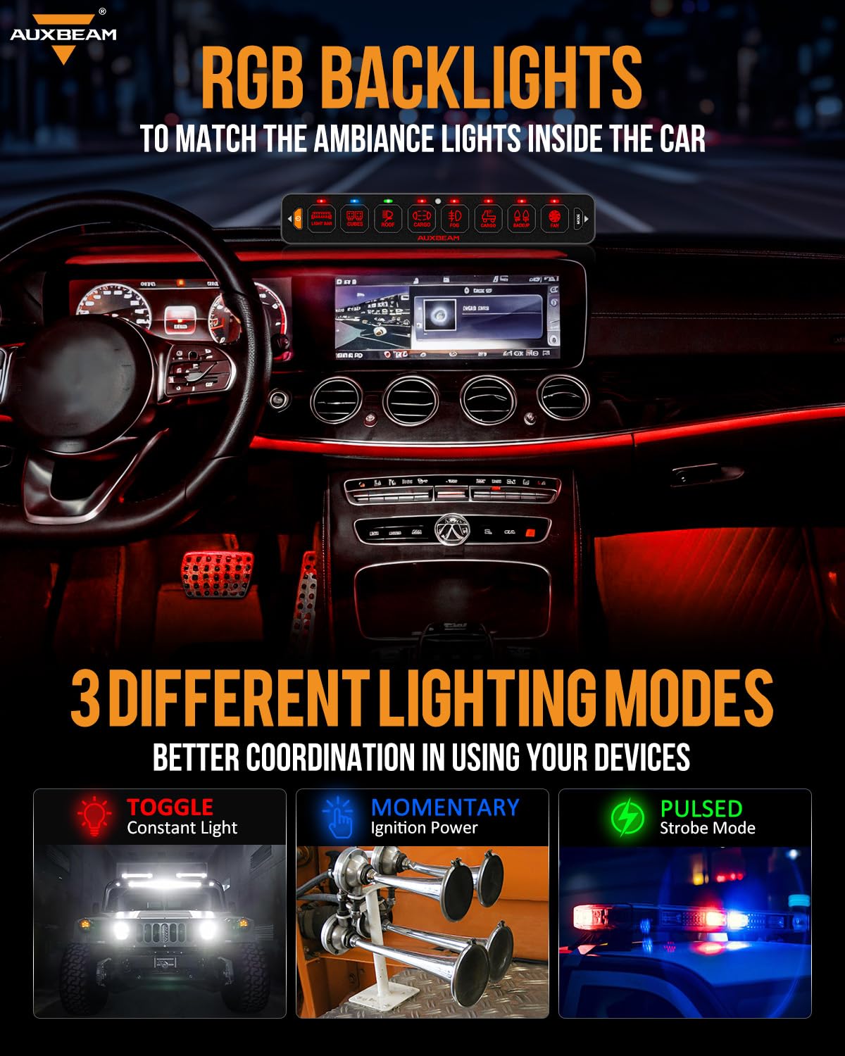 Auxbeam AS-800 Backlight Settings allowing comfortable night visibility.