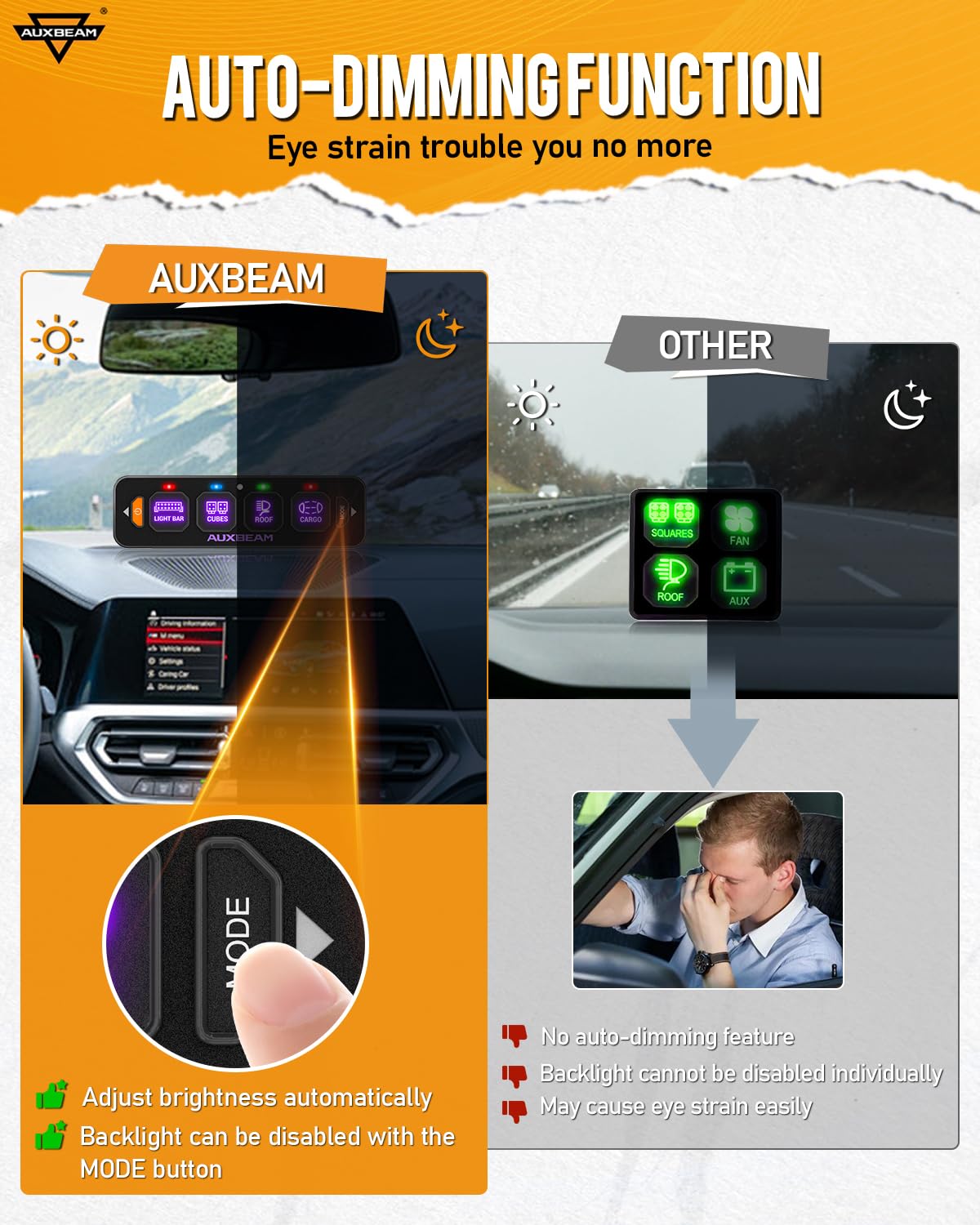 Auxbeam AS-R40 backlight activation highlights mode choices at a glance.
