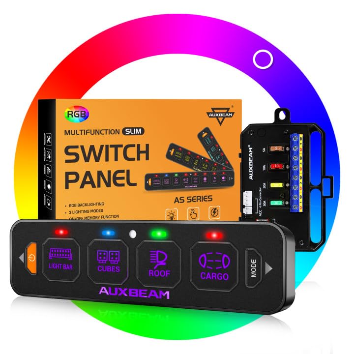 Auxbeam AS-R40 4-gang panel front view with RGB backlight for night visibility.