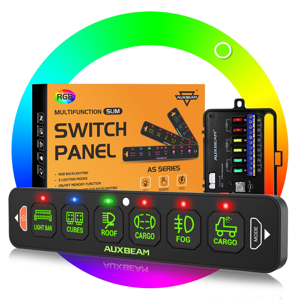Auxbeam AS-R60 front view shows slim 6-gang panel for dashboards