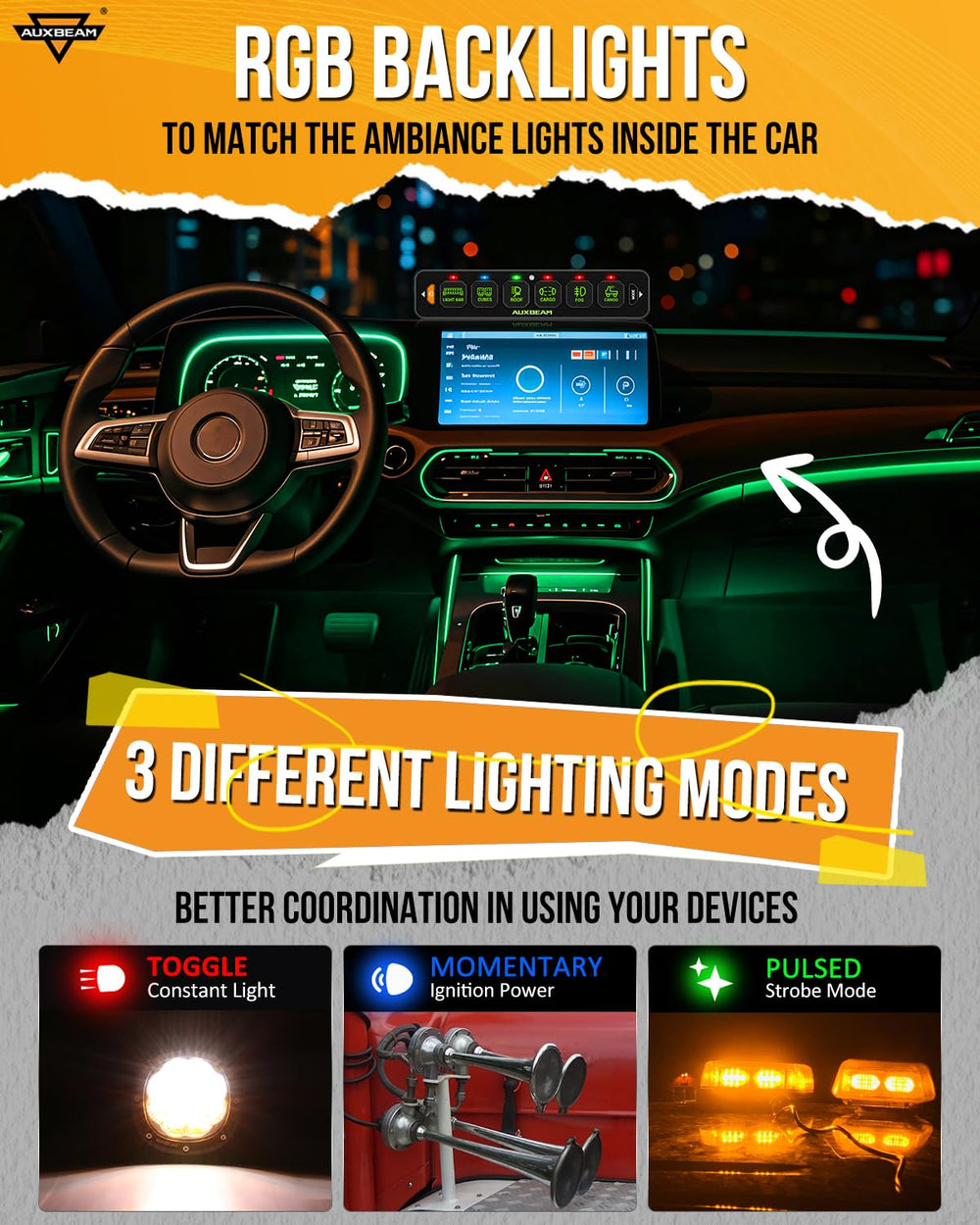 Auxbeam AS-R60 RGB backlight with vivid color options for visibility