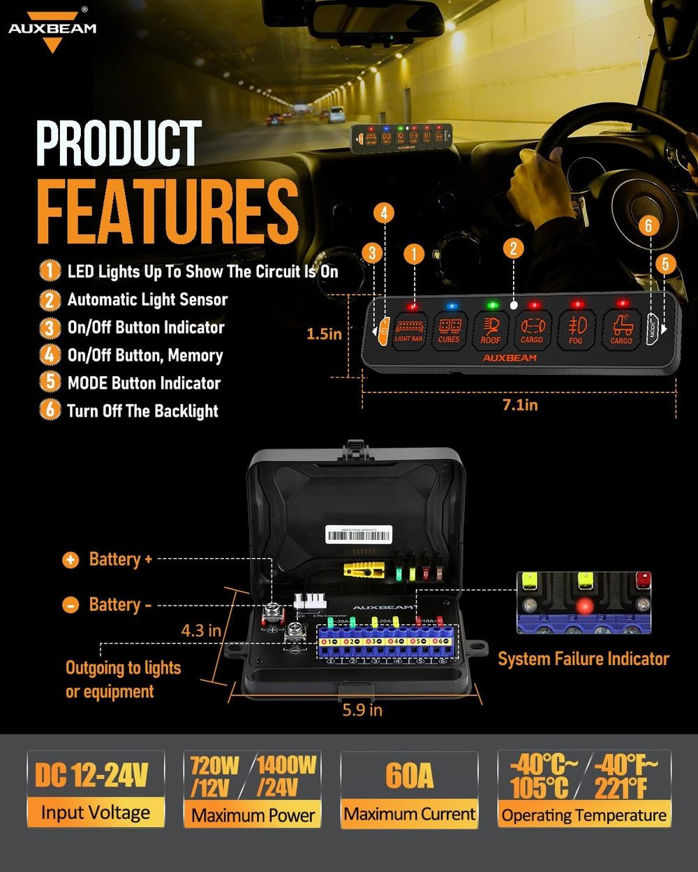 Auxbeam AS-R60 60A circuit breaker protects circuits during use