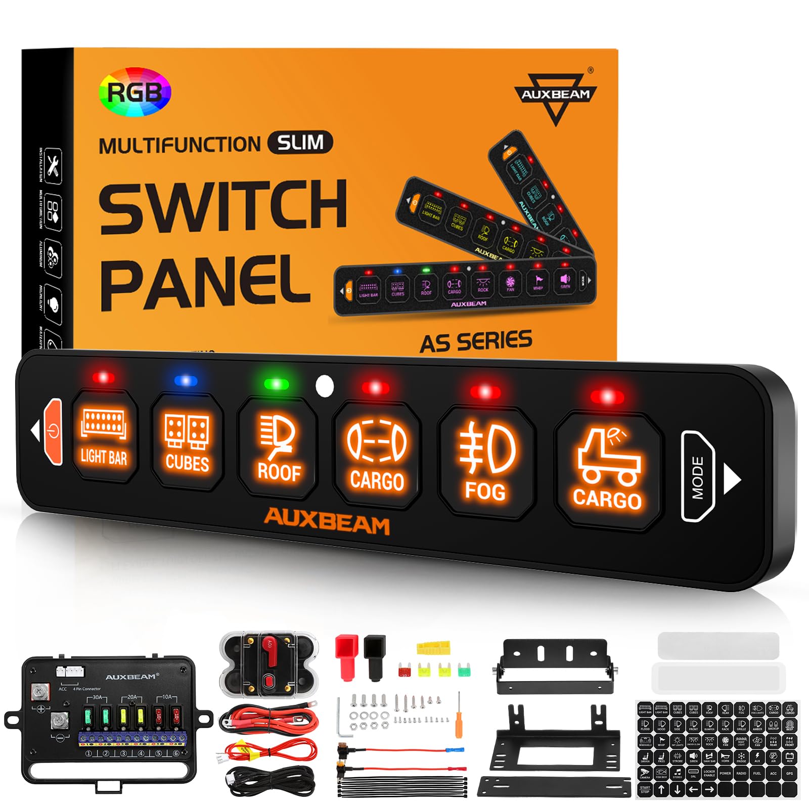 Auxbeam AS-R60 slim switch panel front view with RGB backlight for versatile vehicle lighting control