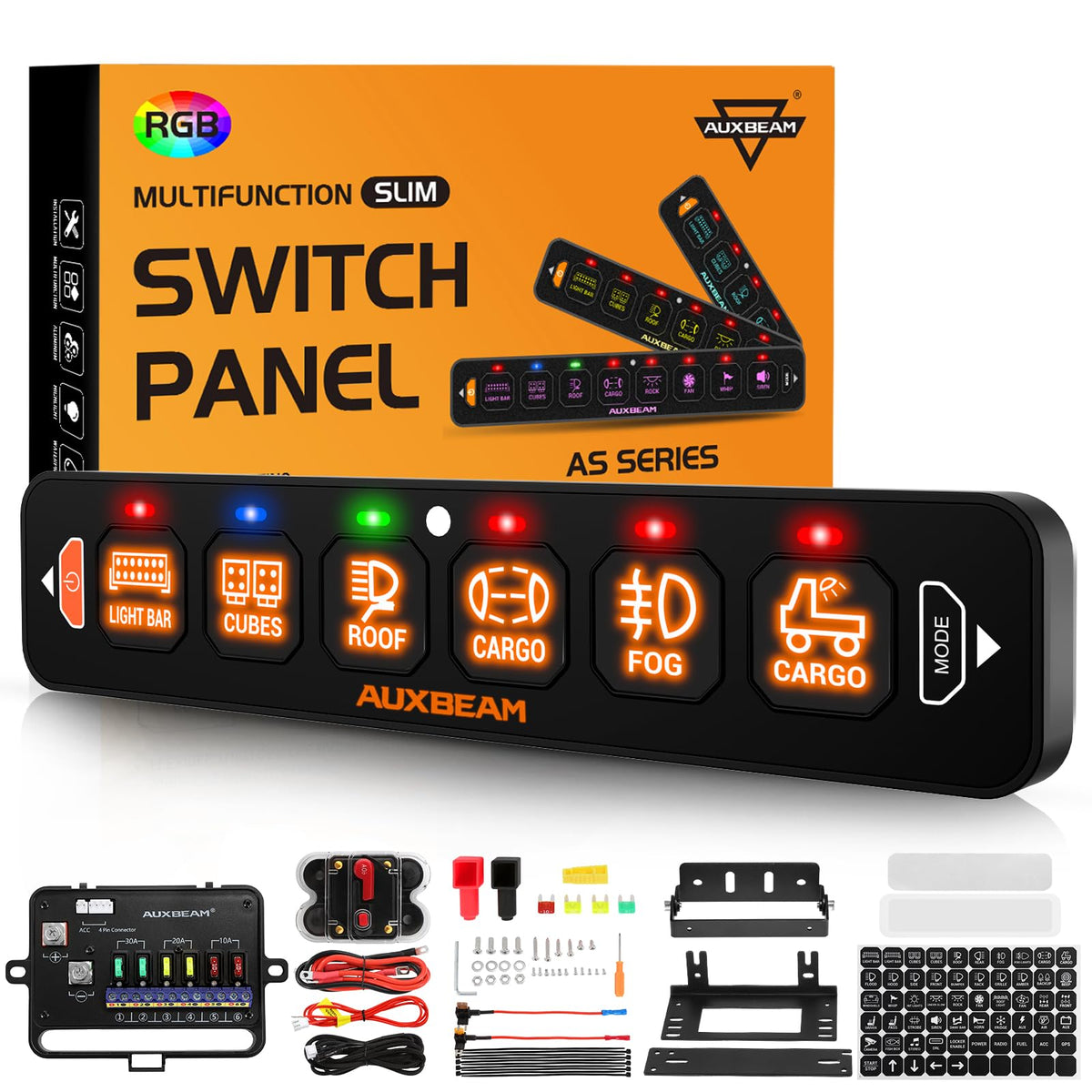 Auxbeam AS-R60 slim switch panel front view with RGB backlight for versatile vehicle lighting control