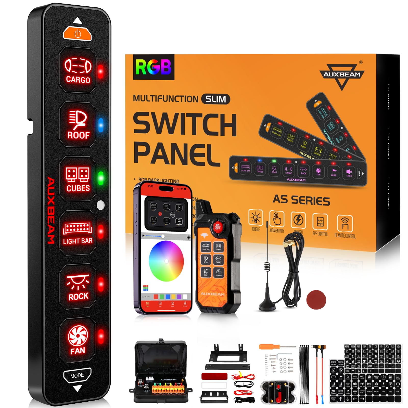 Auxbeam AS-600 six-gang panel with Bluetooth app control for easy vehicle customization.