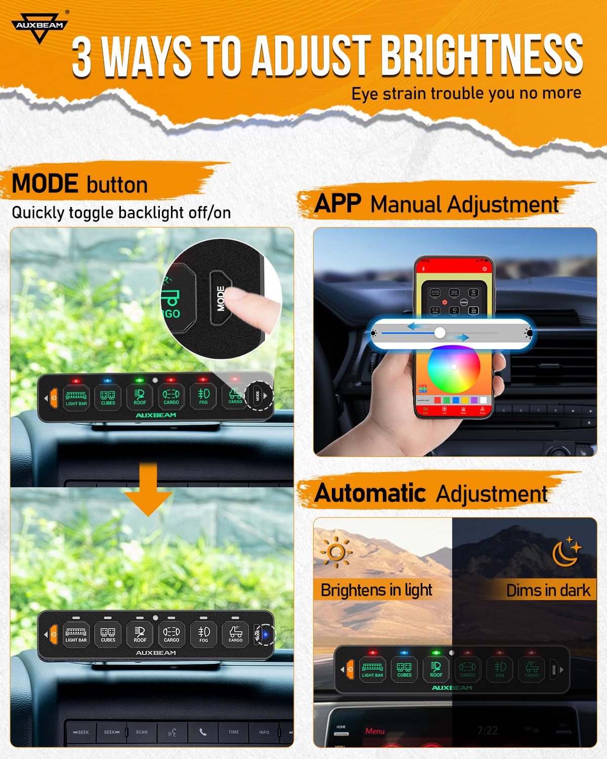 Auxbeam AS-600 automatic dimming provides comfortable visibility day and night.