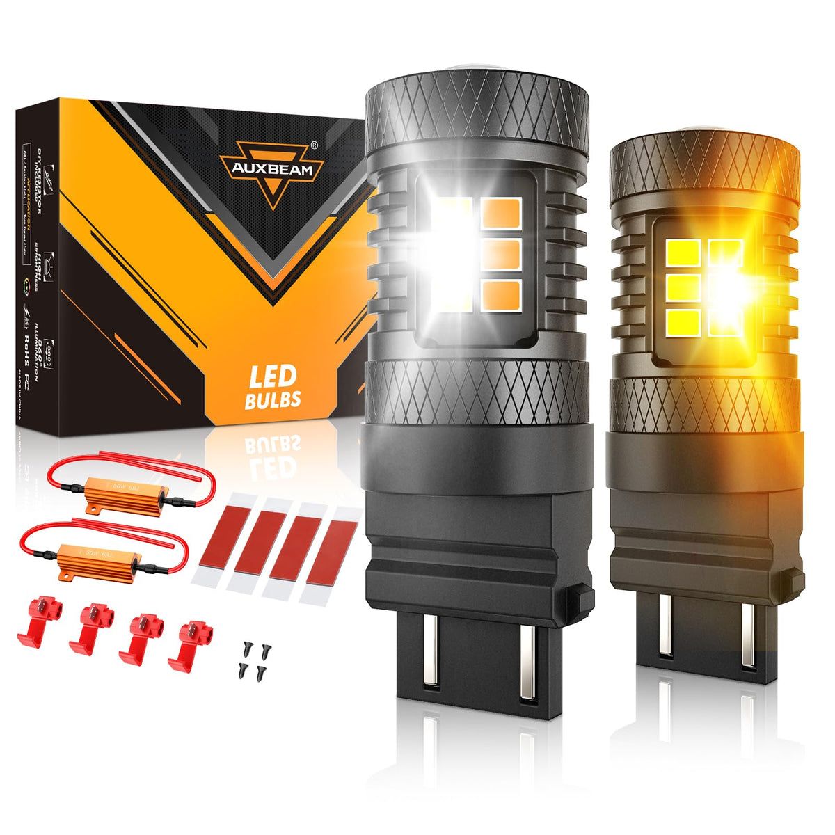 Auxbeam B1B 3157 switchback amber-white bulbs illuminating DRL and signals clearly.