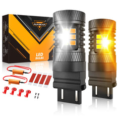 Auxbeam B1B 3157 switchback amber-white bulbs illuminating DRL and signals clearly.
