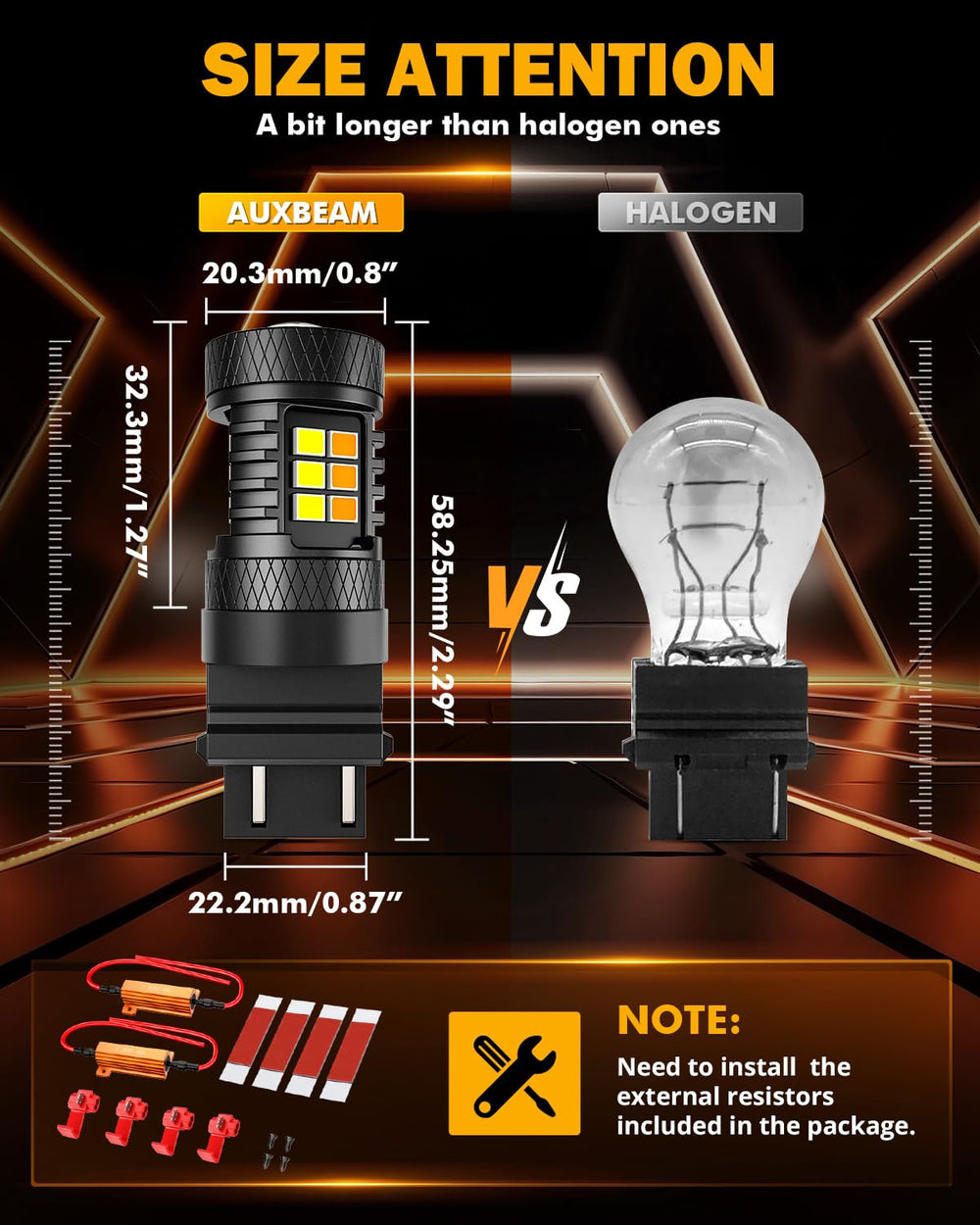 Auxbeam B1B white DRL and amber signal lighting for daytime visibility.