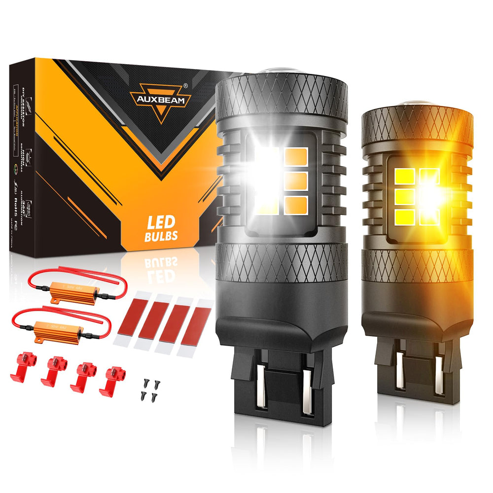 Auxbeam B1B 7443 switchback bulb emits amber turn signal with white parking light.