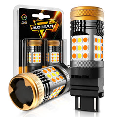 Auxbeam B21 3157 switchback bulbs with dual-color white and amber for DRL and signals.