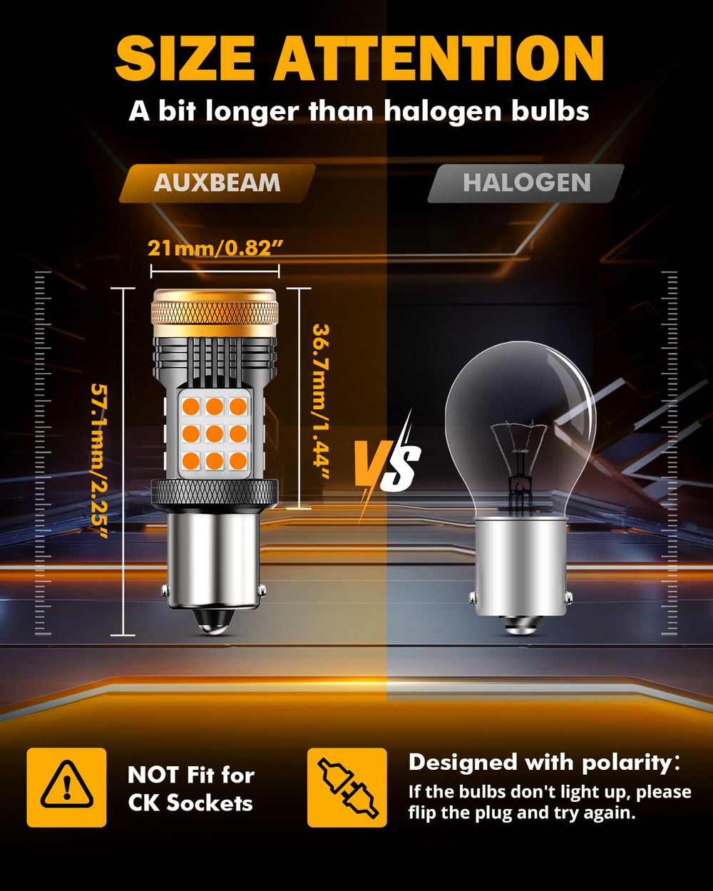 Auxbeam B21 amber light beam showing even 360° coverage
