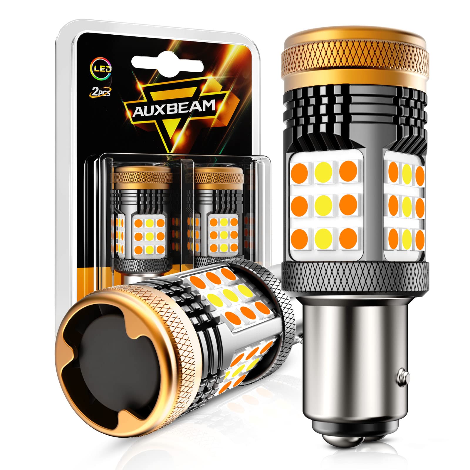 Auxbeam B21 Series 1157 switchback LEDs with white and amber light for versatile signaling.