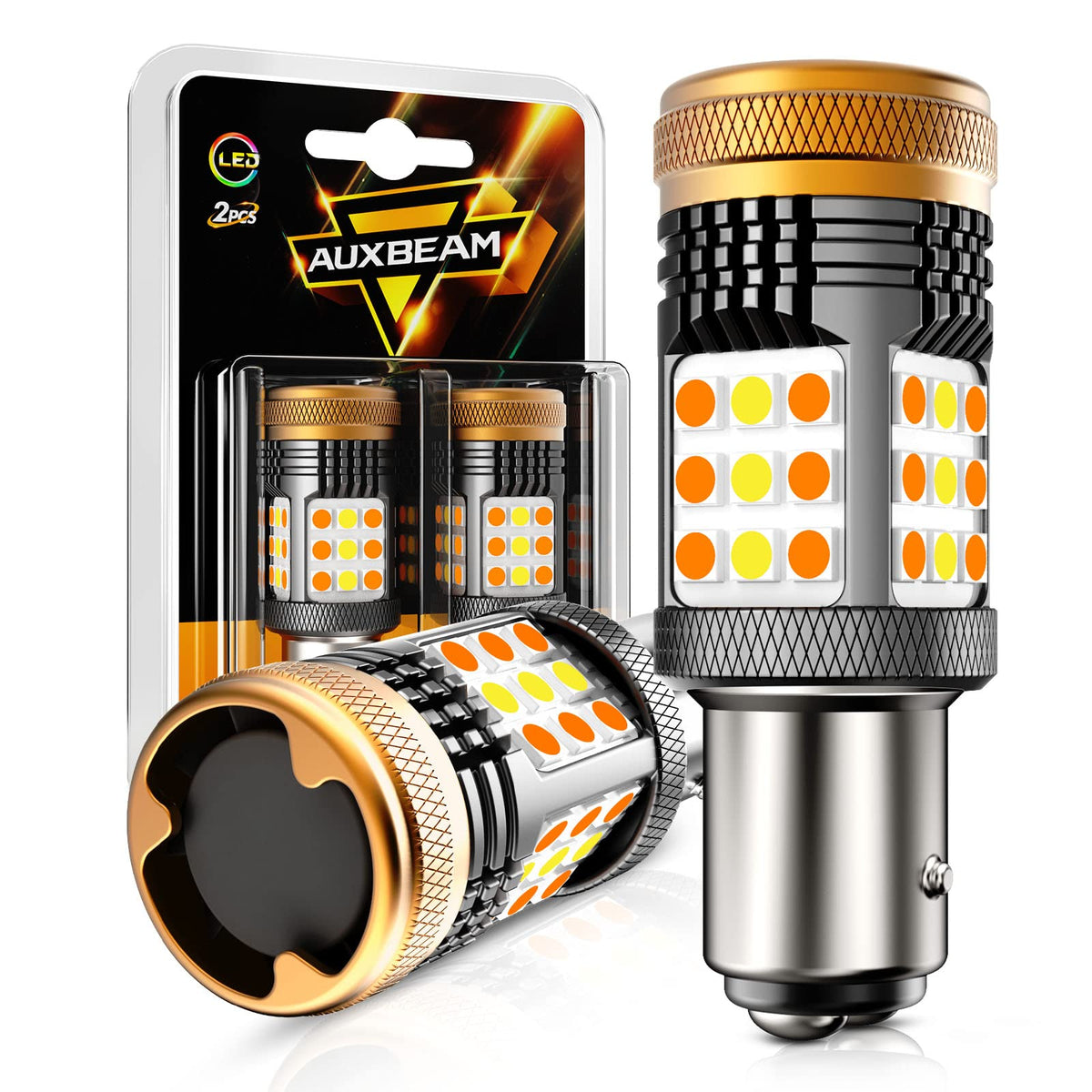 Auxbeam B21 Series 1157 switchback LEDs with white and amber light for versatile signaling.