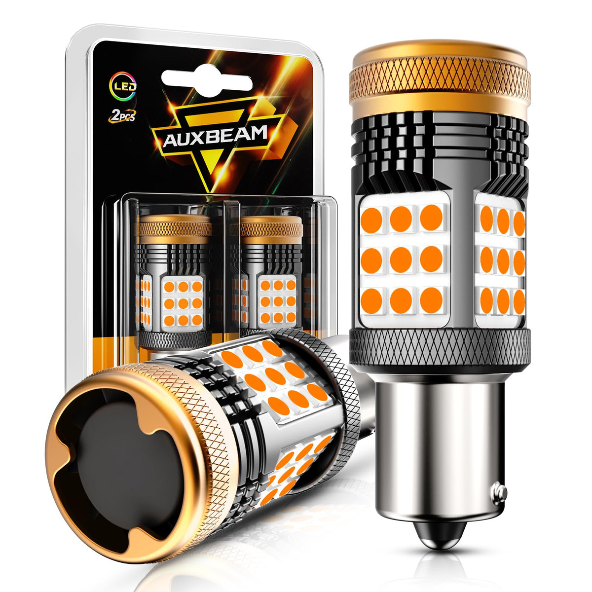 Auxbeam B21 Series amber turn signal bulb with 360° visibility for clear signaling