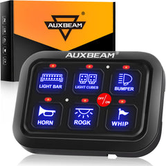 Auxbeam BC60 6-gang panel front view with lit switches for quick status visibility.
