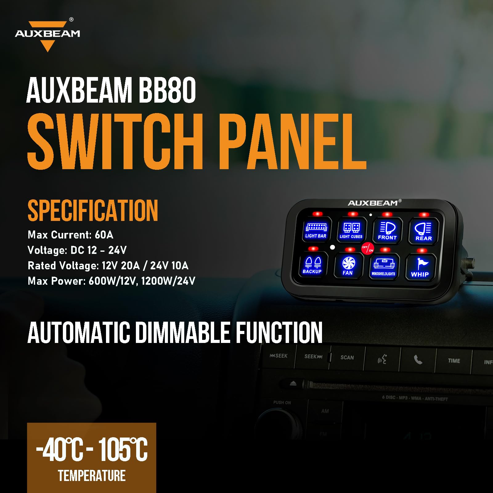 Auxbeam blue 8-gang panel with strong build and 3-year warranty