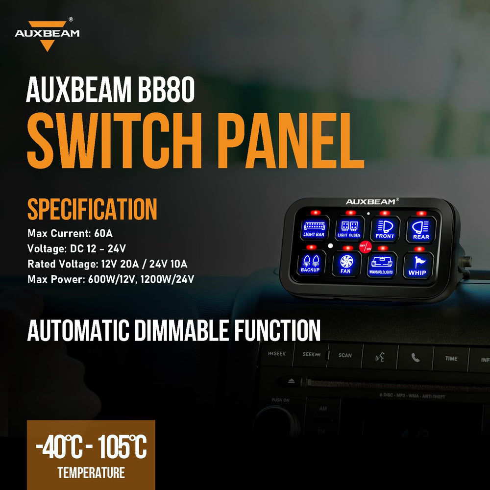 Auxbeam blue 8-gang panel with strong build and 3-year warranty
