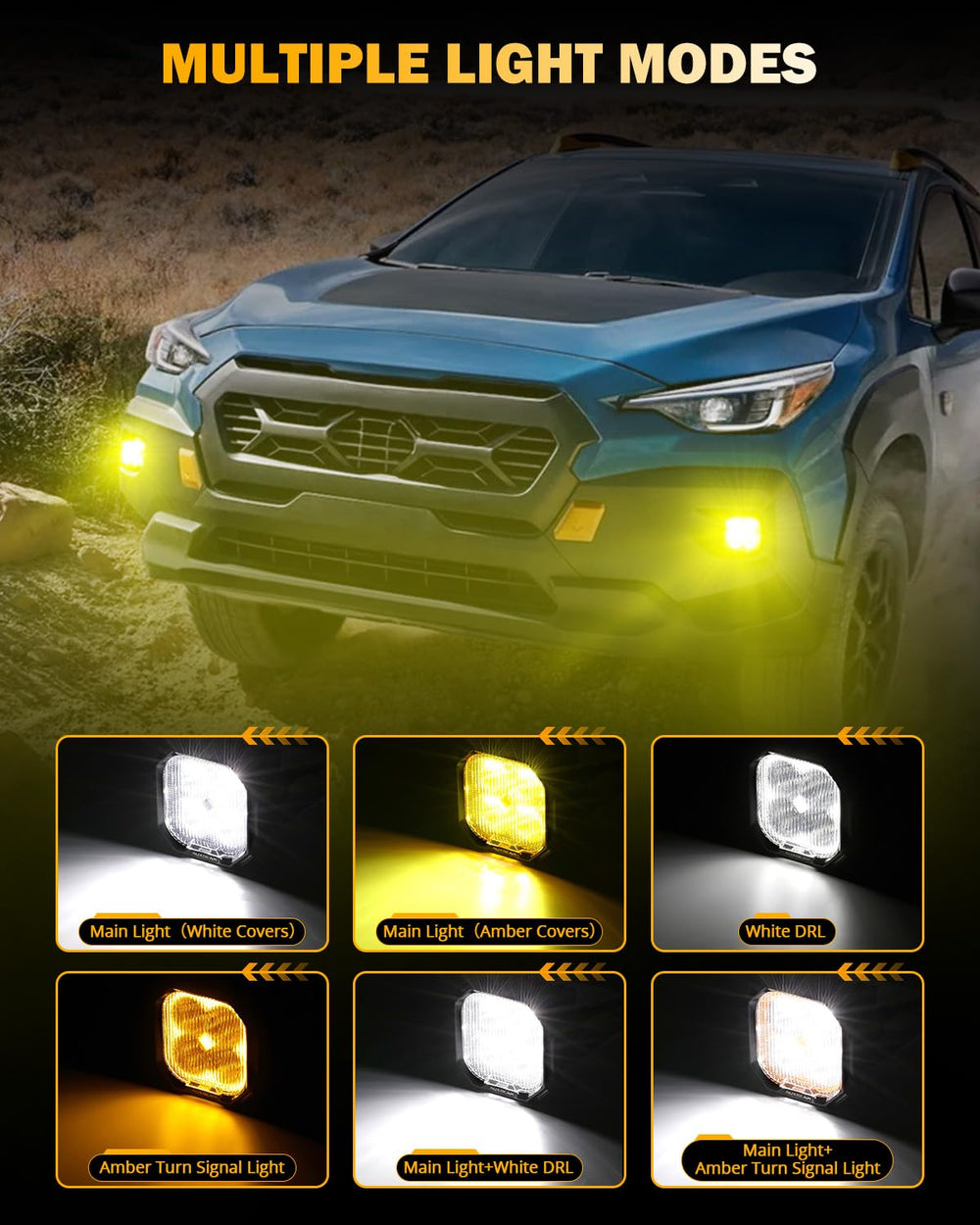 Auxbeam Color Play 3-inch fog light amber lens for foggy conditions.