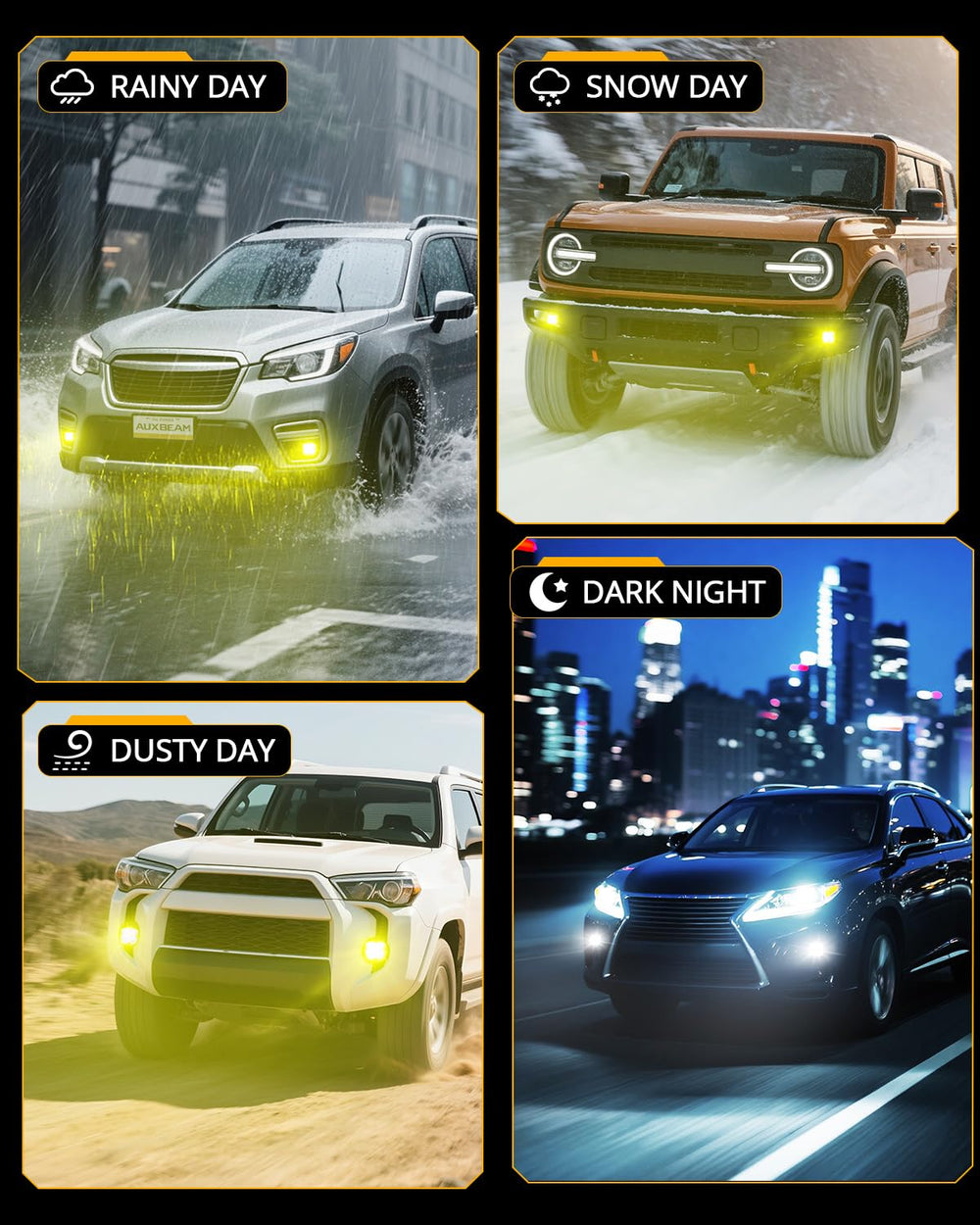 Auxbeam Color Play 3-inch fog light kit contents with covers and harness.