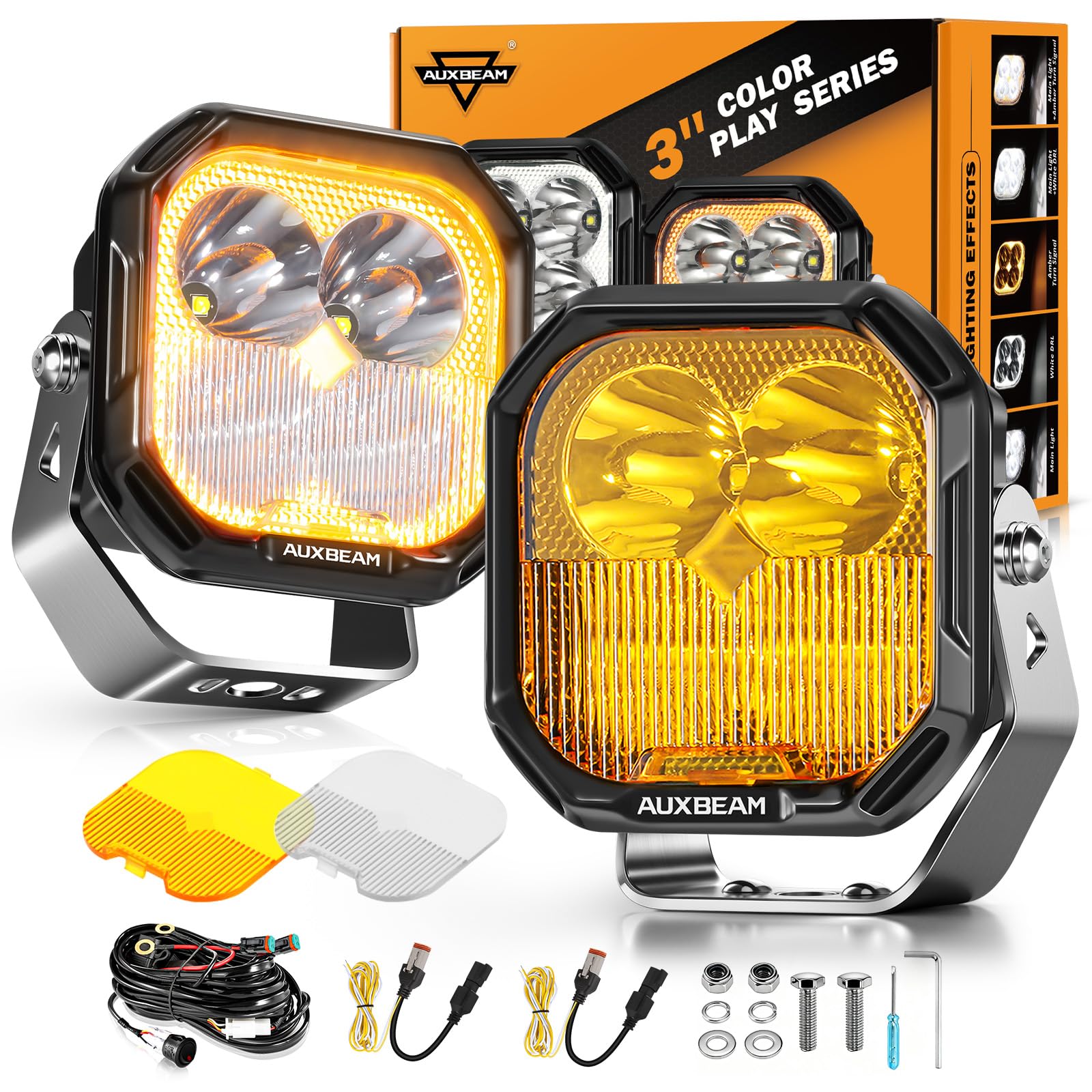 Auxbeam Color Play Series 3-inch LED pods with amber and white DRL and turn signals for enhanced visibility