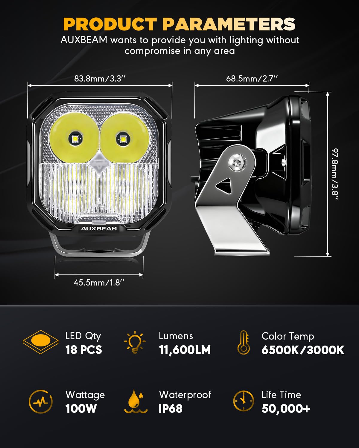 IP68 rated Auxbeam Color Play Series 3-inch LED pods with breather system