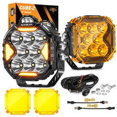 Auxbeam Cube-Z 4-inch LED pod with amber cover, front view, enhancing off-road clarity