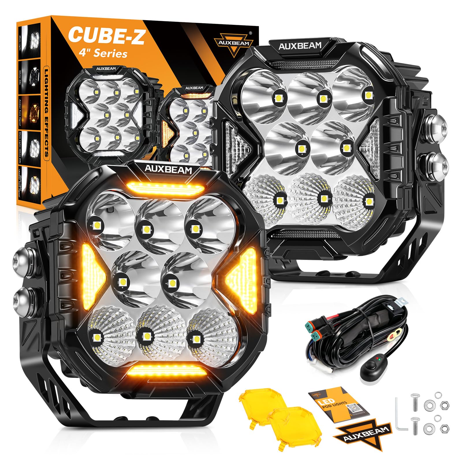 Auxbeam Cube-Z 4-inch pod light with amber cover, narrow beam for long-distance visibility
