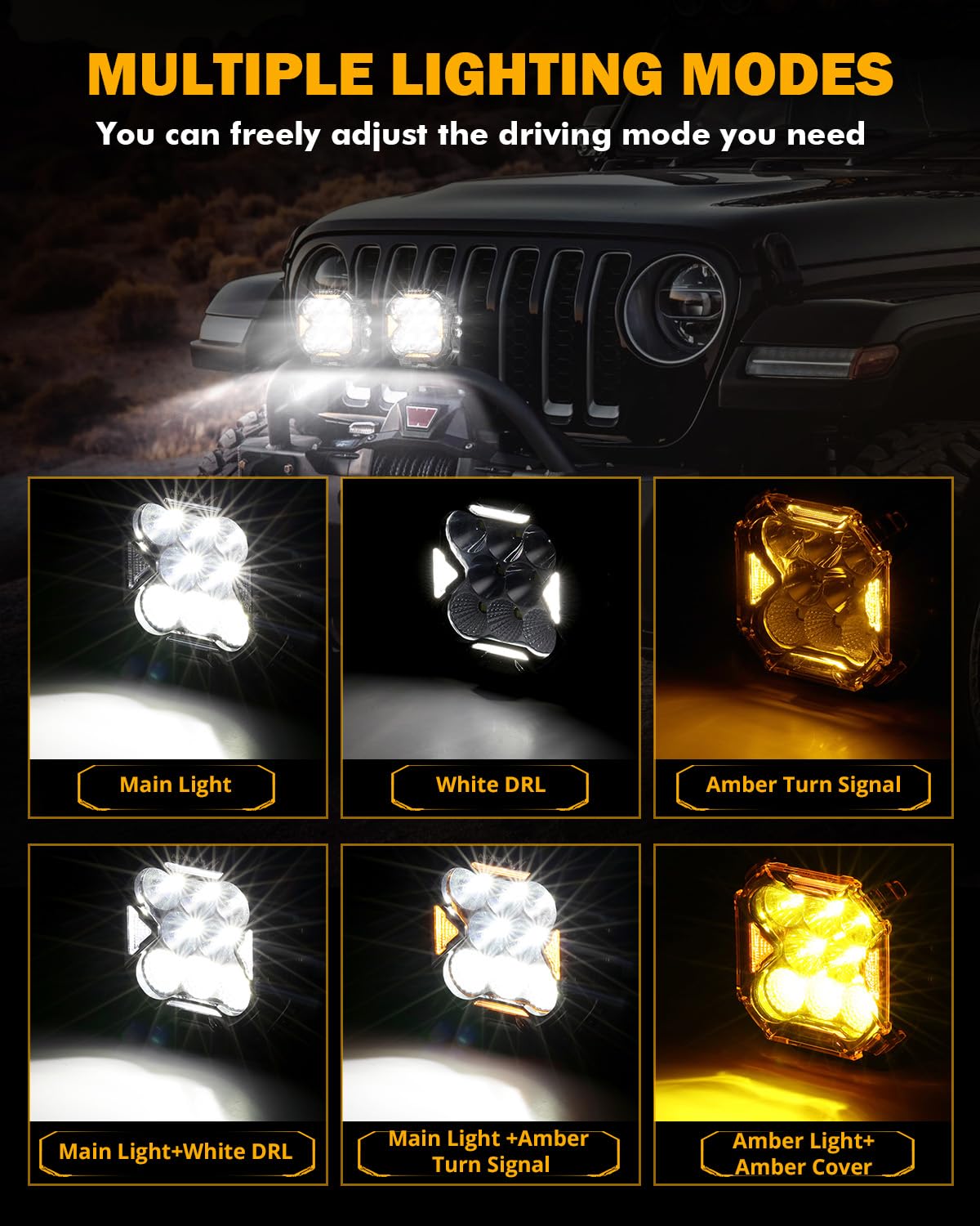 Auxbeam Cube-Z 4-inch pod light with amber cover, wide flood for broad off-road coverage