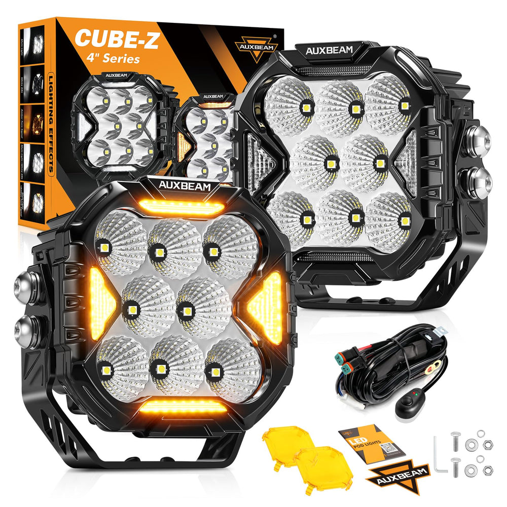 Auxbeam Cube-Z 4-inch pod light front view with wide flood beam for off-road visibility