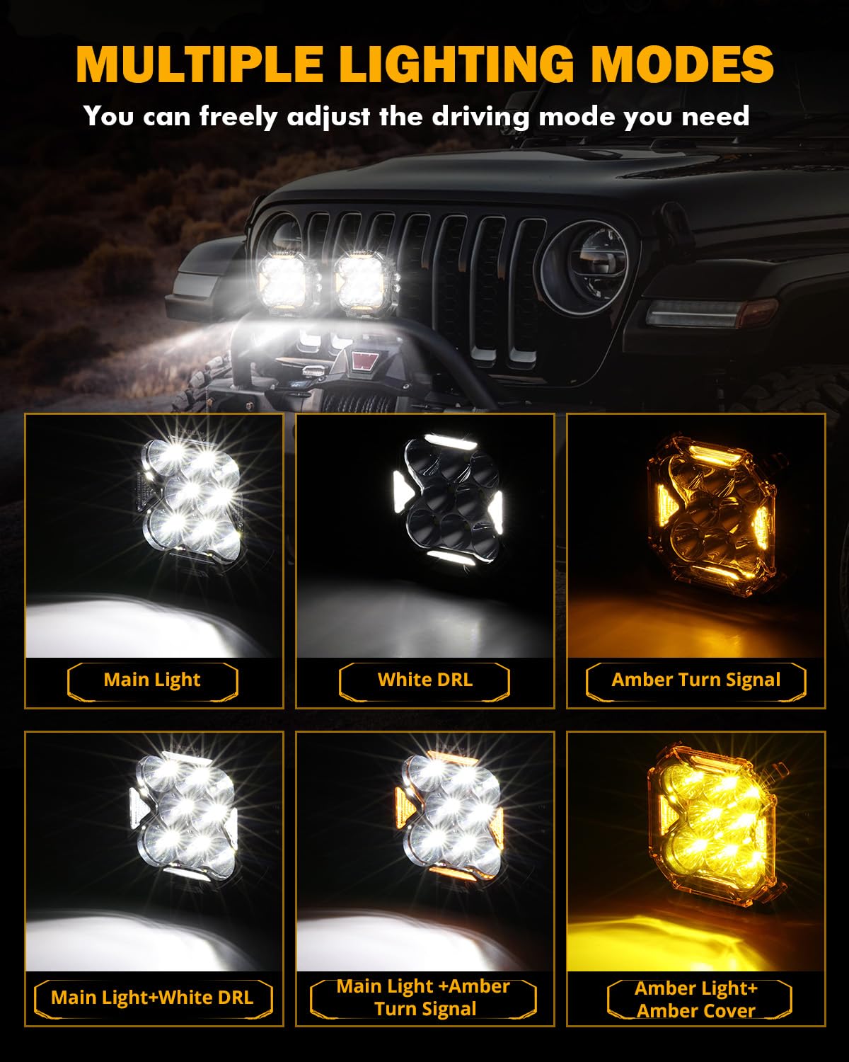 Auxbeam Cube-Z with white DRL and amber signal active for daytime visibility