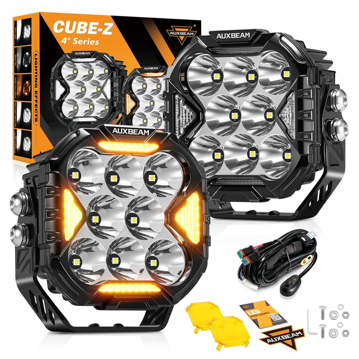 Auxbeam Cube-Z 4in LED pods front view shows powerful long-range illumination