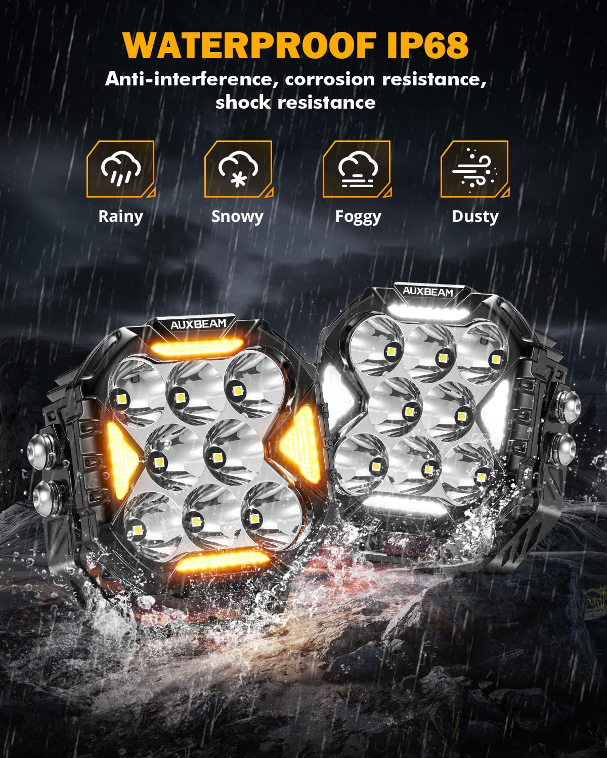 Auxbeam Cube-Z yellow cover installed for versatile light color