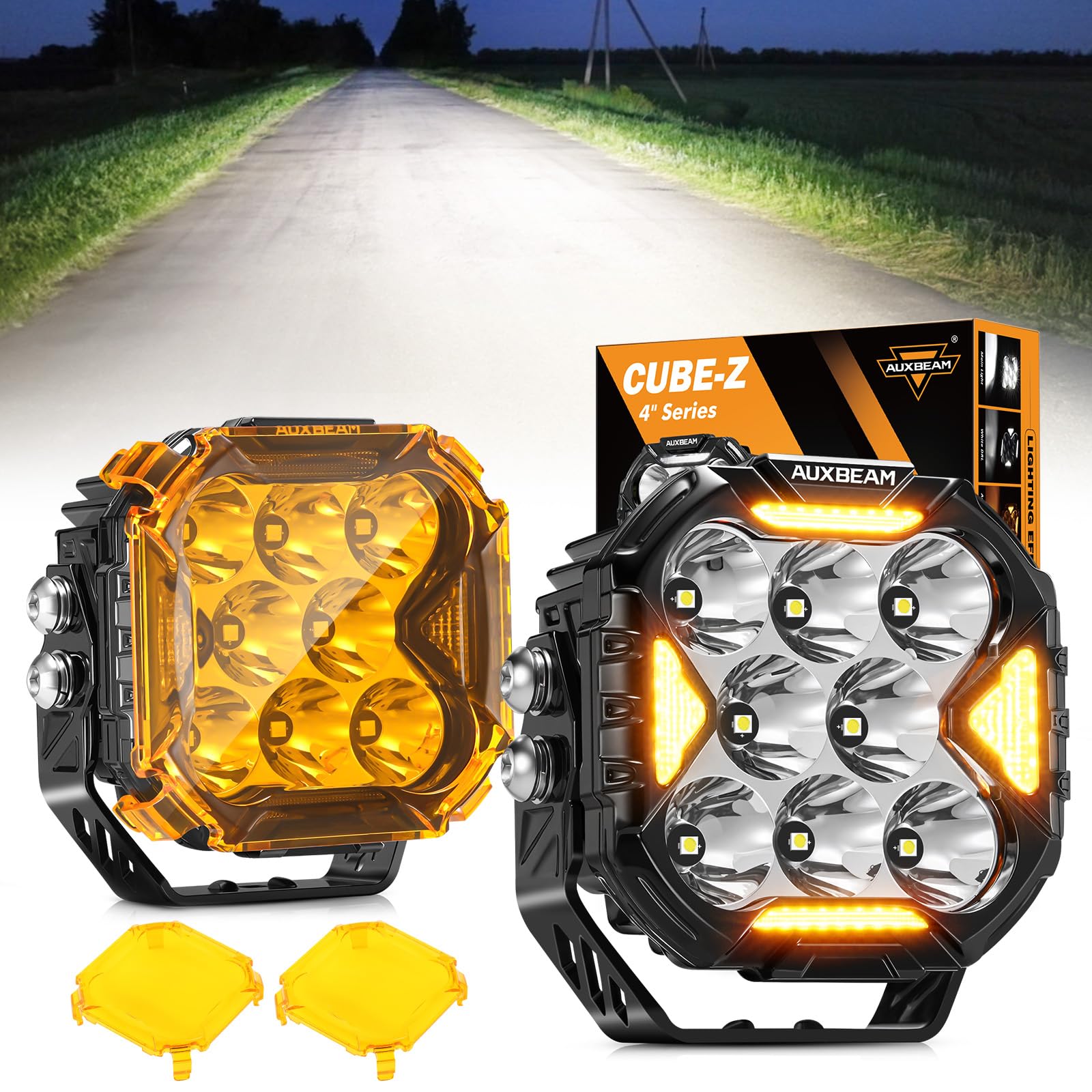 Auxbeam Cube-Z Series pair with amber covers ready for action