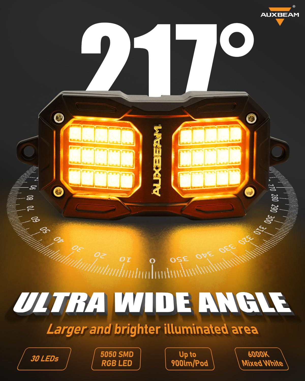 Auxbeam die-cast aluminum housing provides rugged durability.