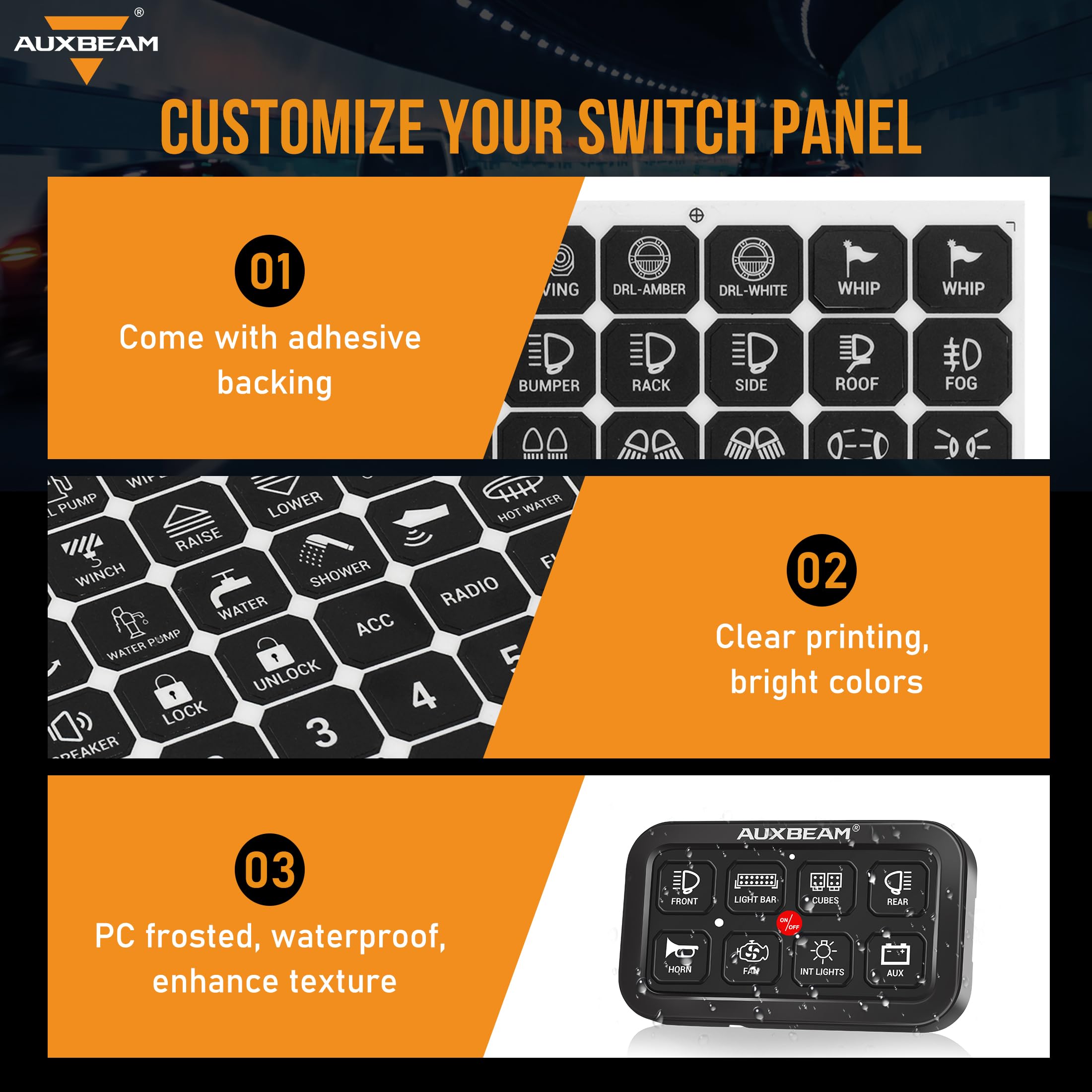 Auxbeam labeled dashboard panel installation showing organized control layout.