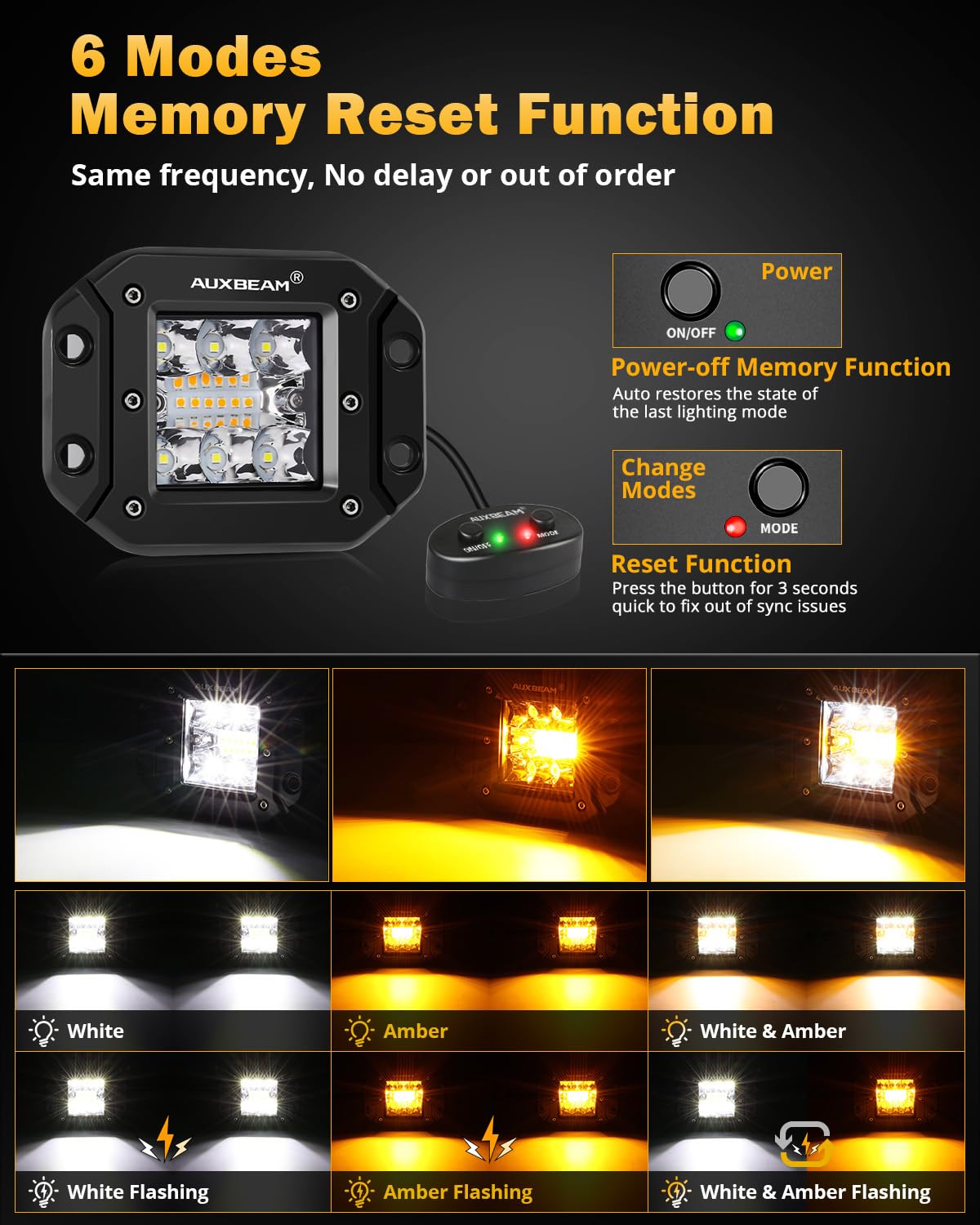 Auxbeam dual-color amber and white beams illuminate the path.