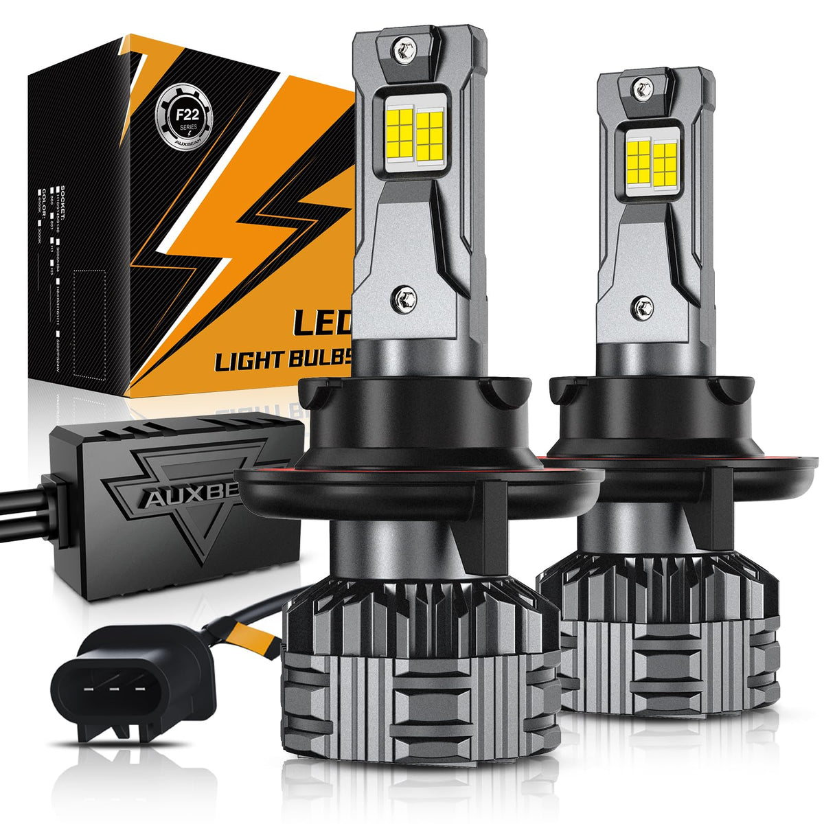 Auxbeam H13 fog light showing 360-degree beam pattern for full coverage