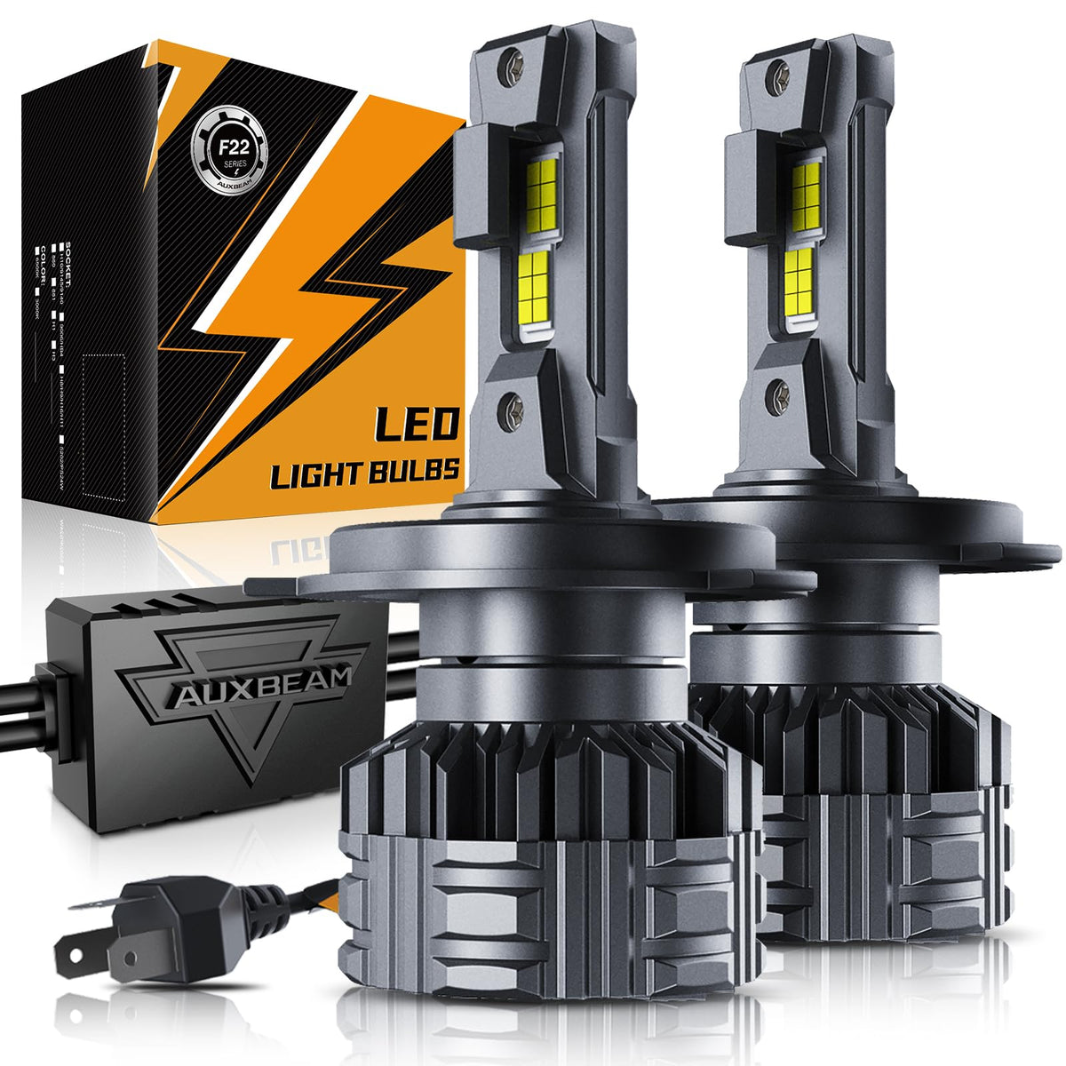 Auxbeam H4 9003 F22 lighting assembly shows wide beam for off-road visibility.