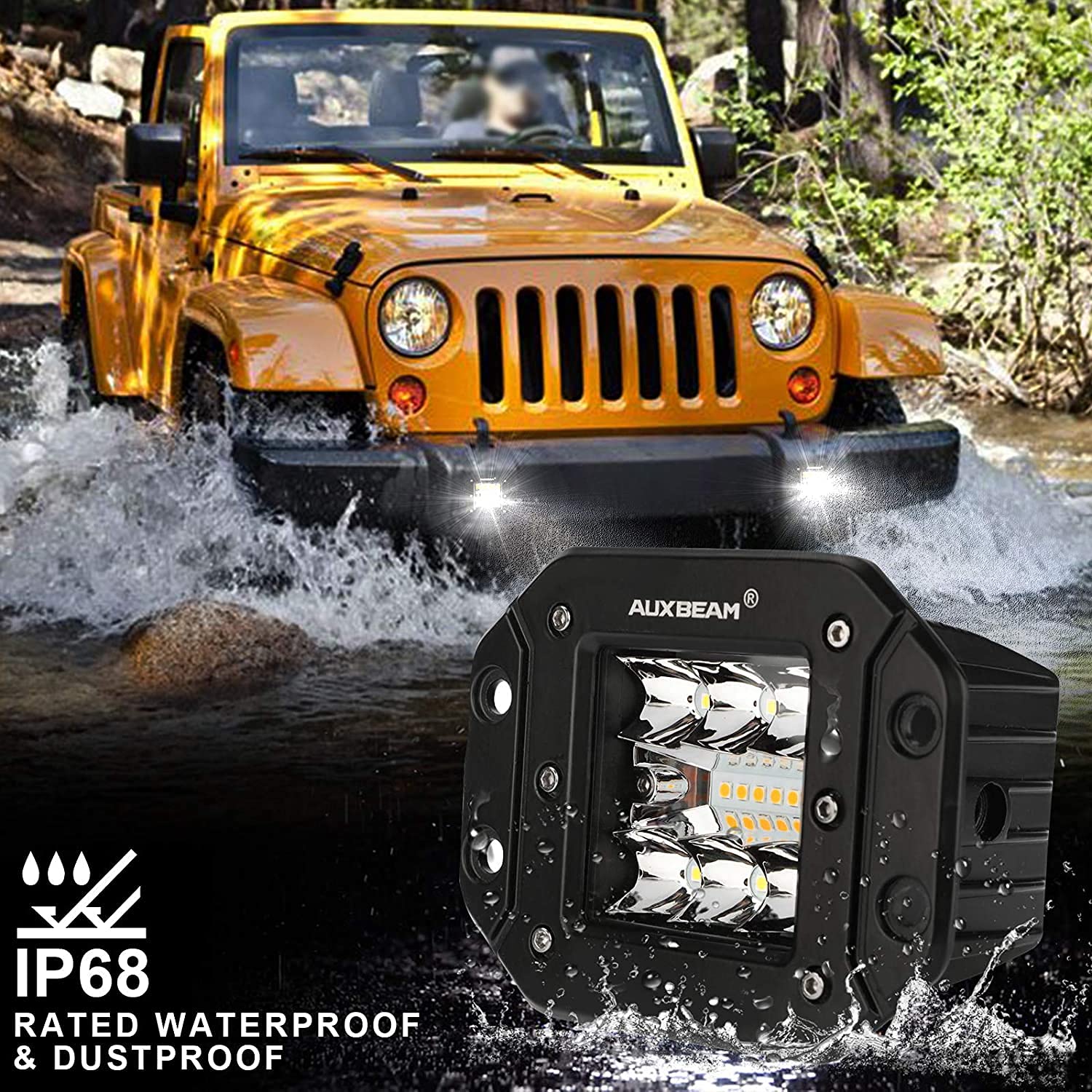 Auxbeam IP68 housing protects against dust and moisture in harsh environments.